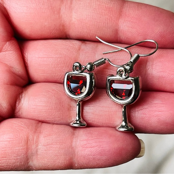 RED WINE EARRINGS Silver Plated With Fish Hook Ear Wires & Red Crystals - Picture 7 of 8
